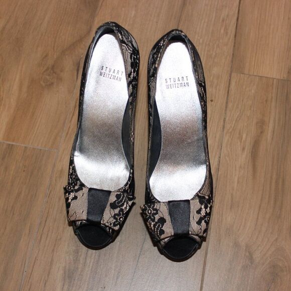 Stuart Weitzman Black & Brown Lace Peep Toe Pumps Heels Women's Size 8.5 - Picture 5 of 13